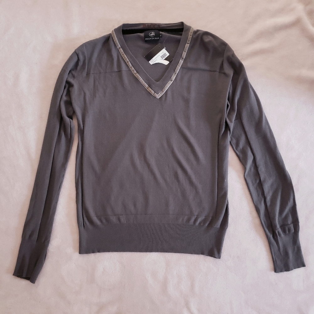 BACCA DA SILVA Gray Modal Blend V-Neck Velvet Trim Sweater